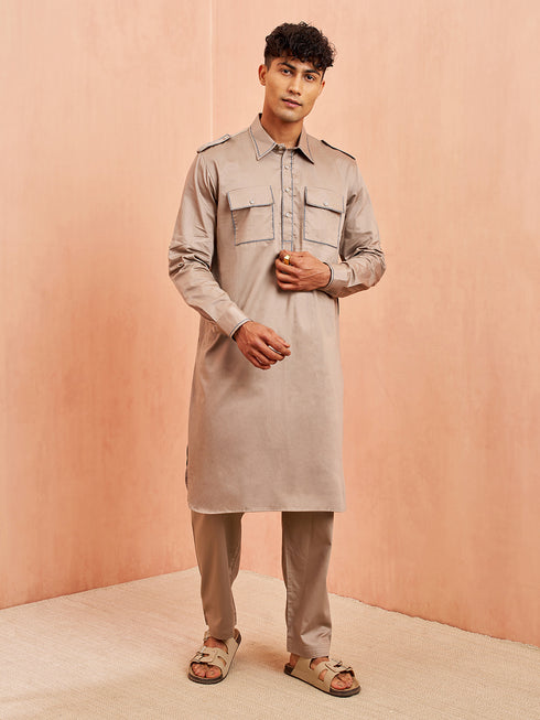 Men's Grey Fine Satin Kurta Pyjama Set Shirt Collar Button Placket